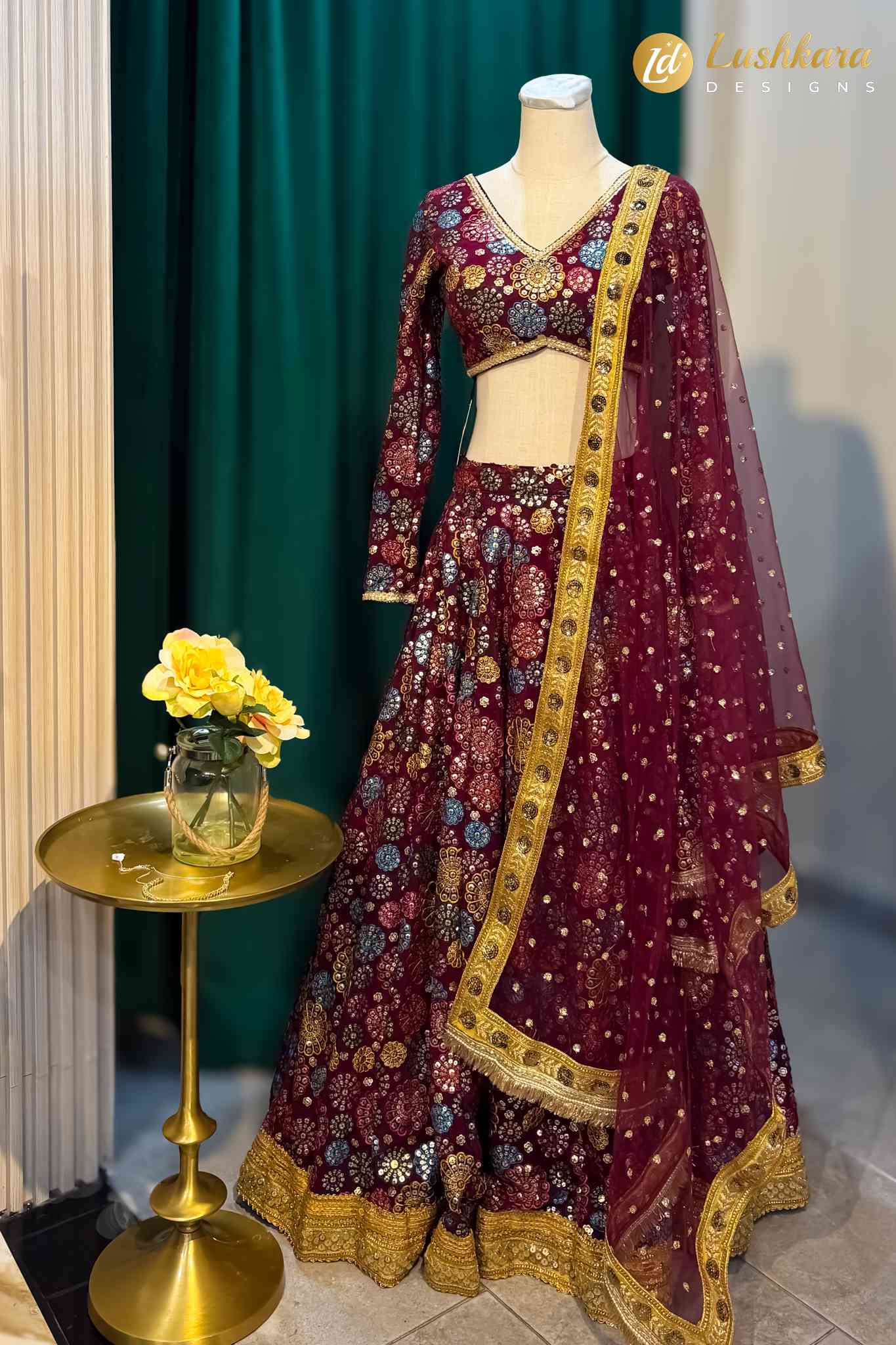 Lushkara Deep Maroon Embroidered Lehenga Set