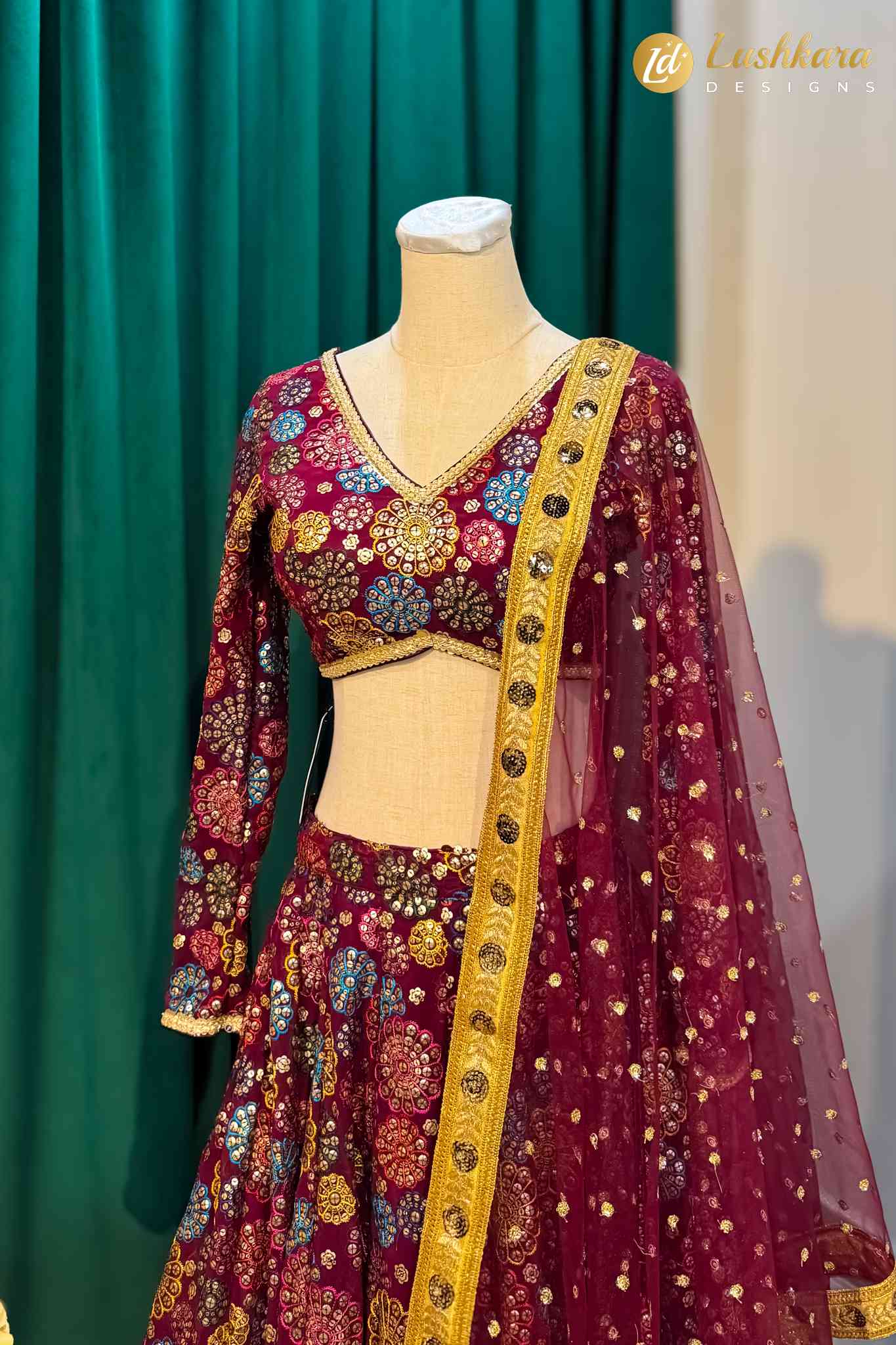 Lushkara Deep Maroon Embroidered Lehenga Set