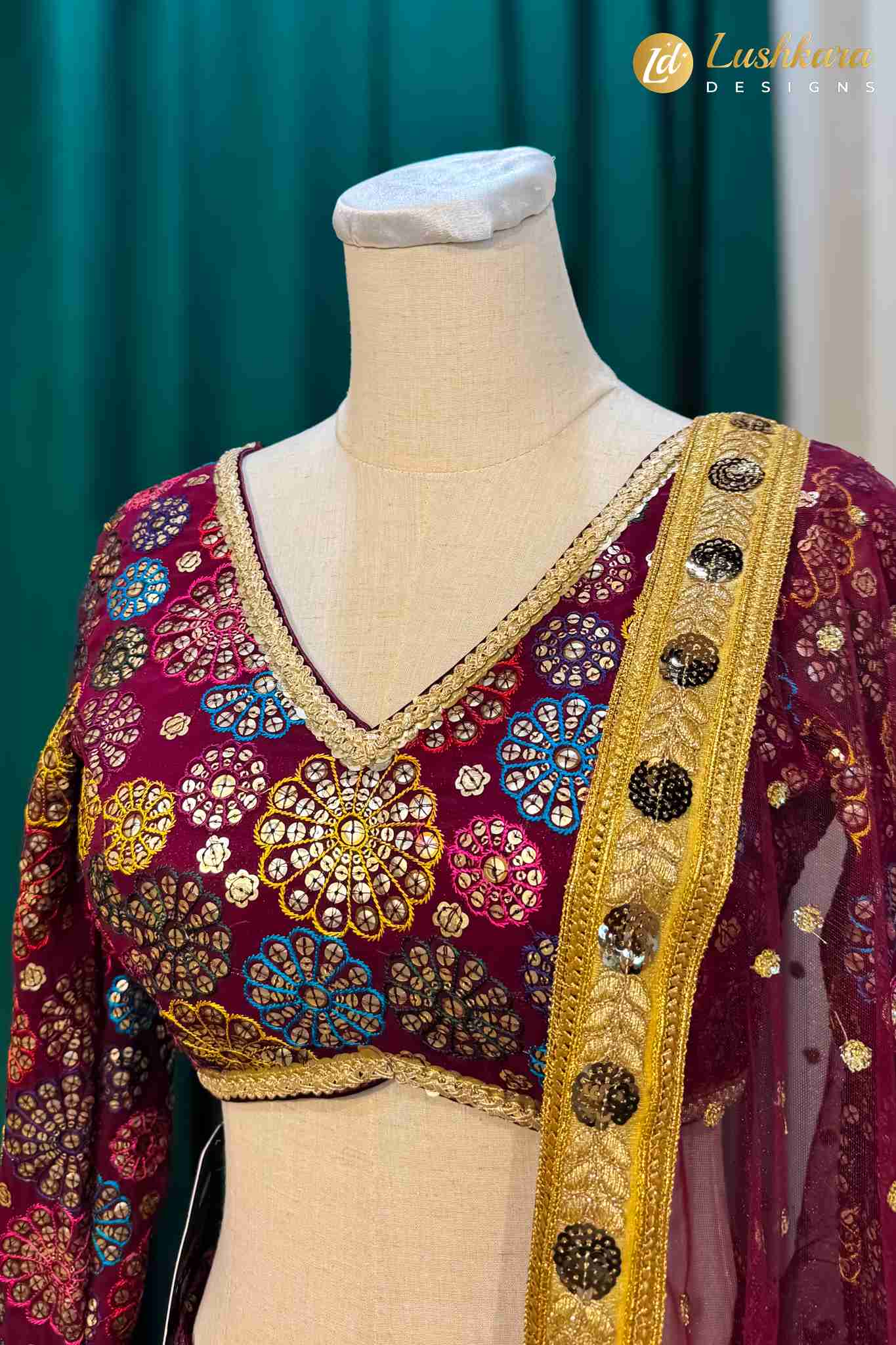 Lushkara Deep Maroon Embroidered Lehenga Set