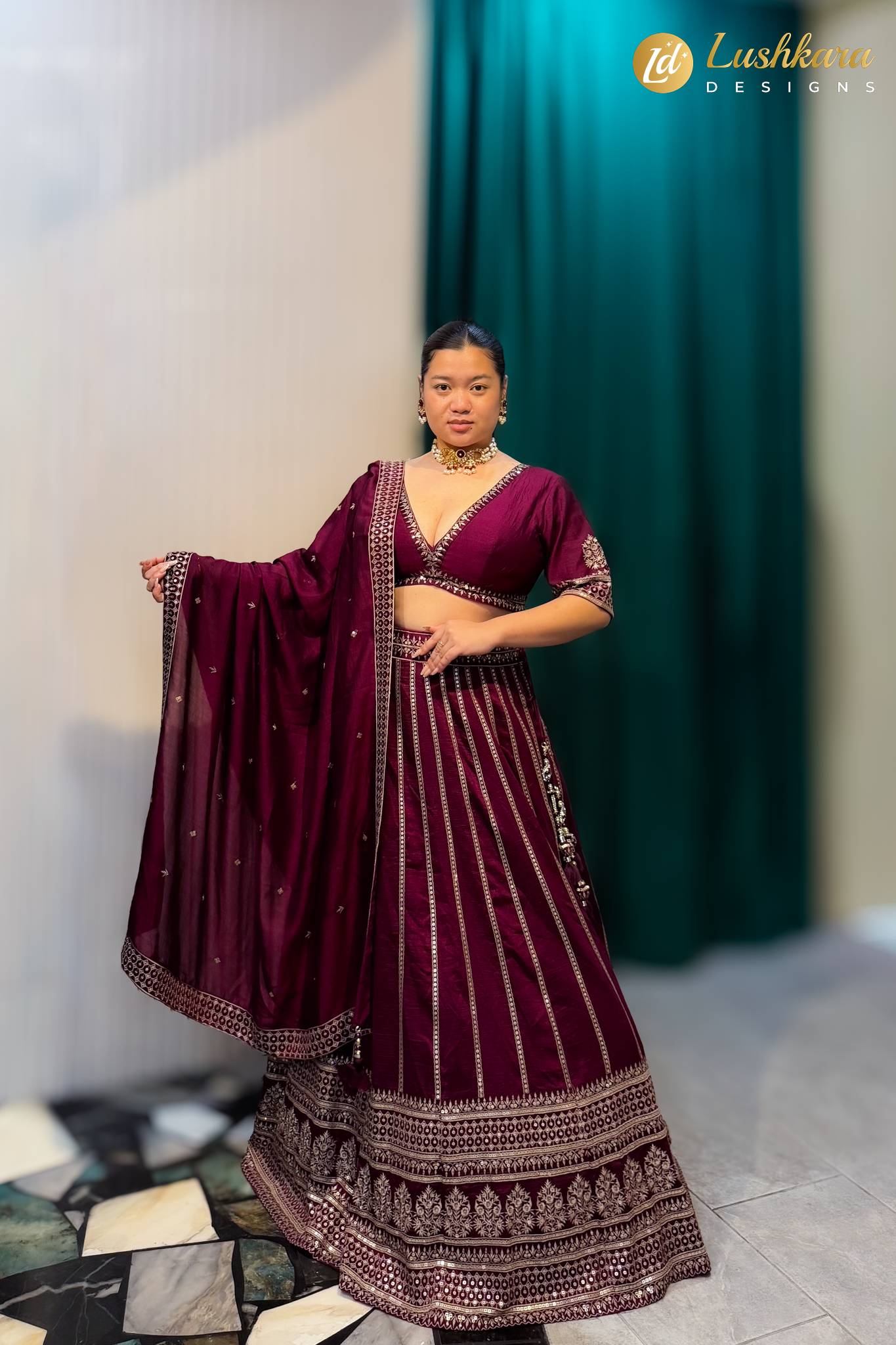 Lushkara Wine Maroon Embroidered Lehenga Set