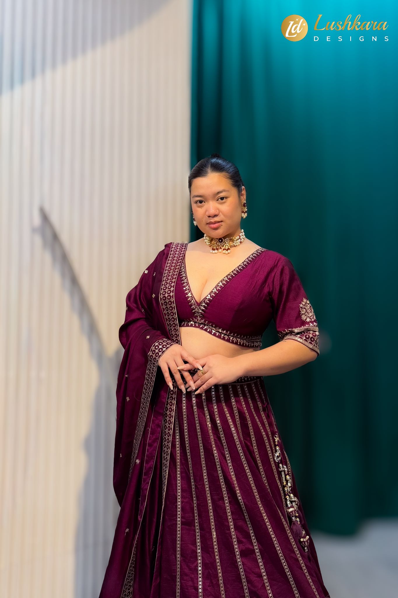 Lushkara Wine Maroon Embroidered Lehenga Set