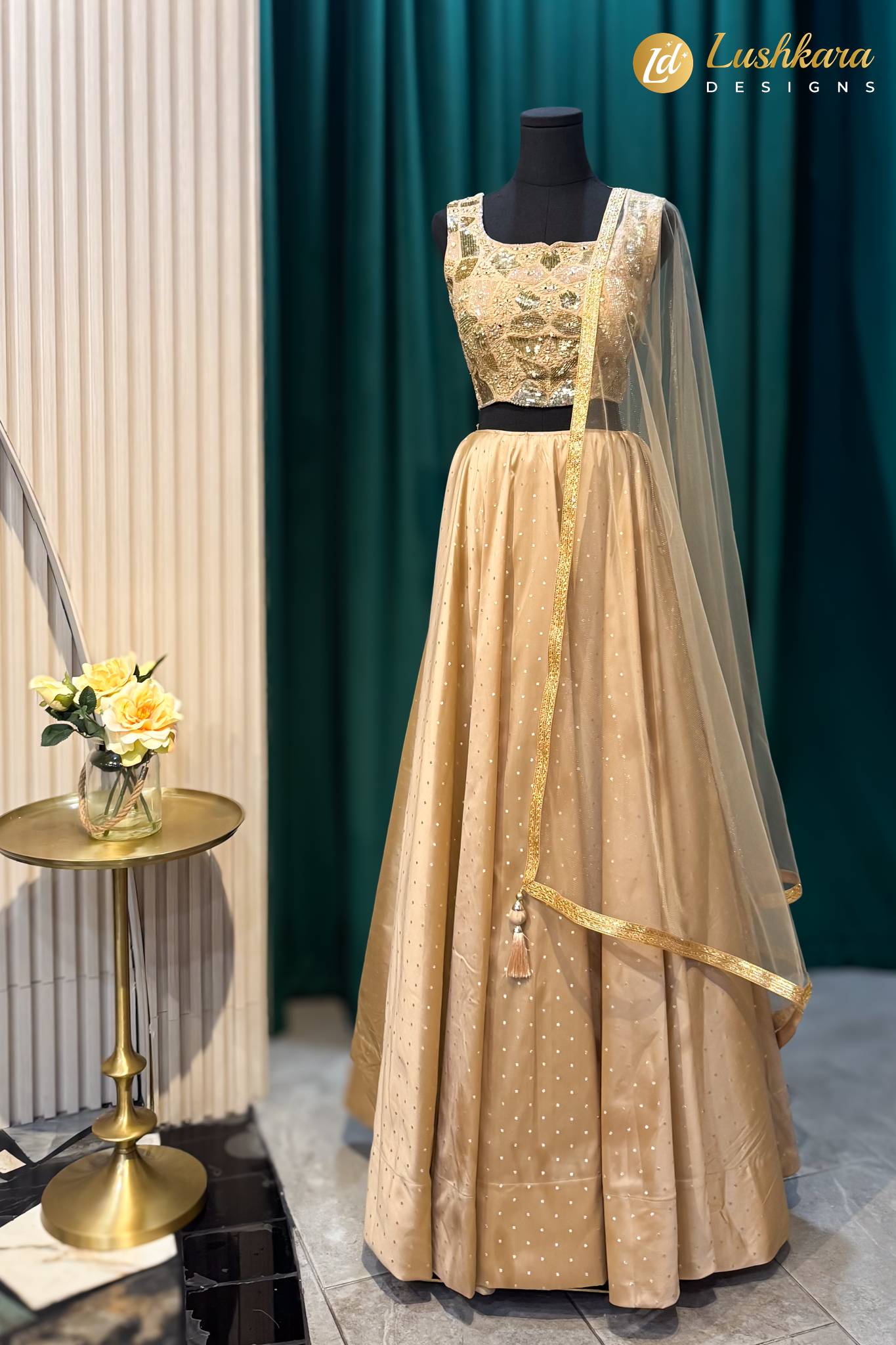 Lushkara Champagne Gold Embroidered Lehenga Set