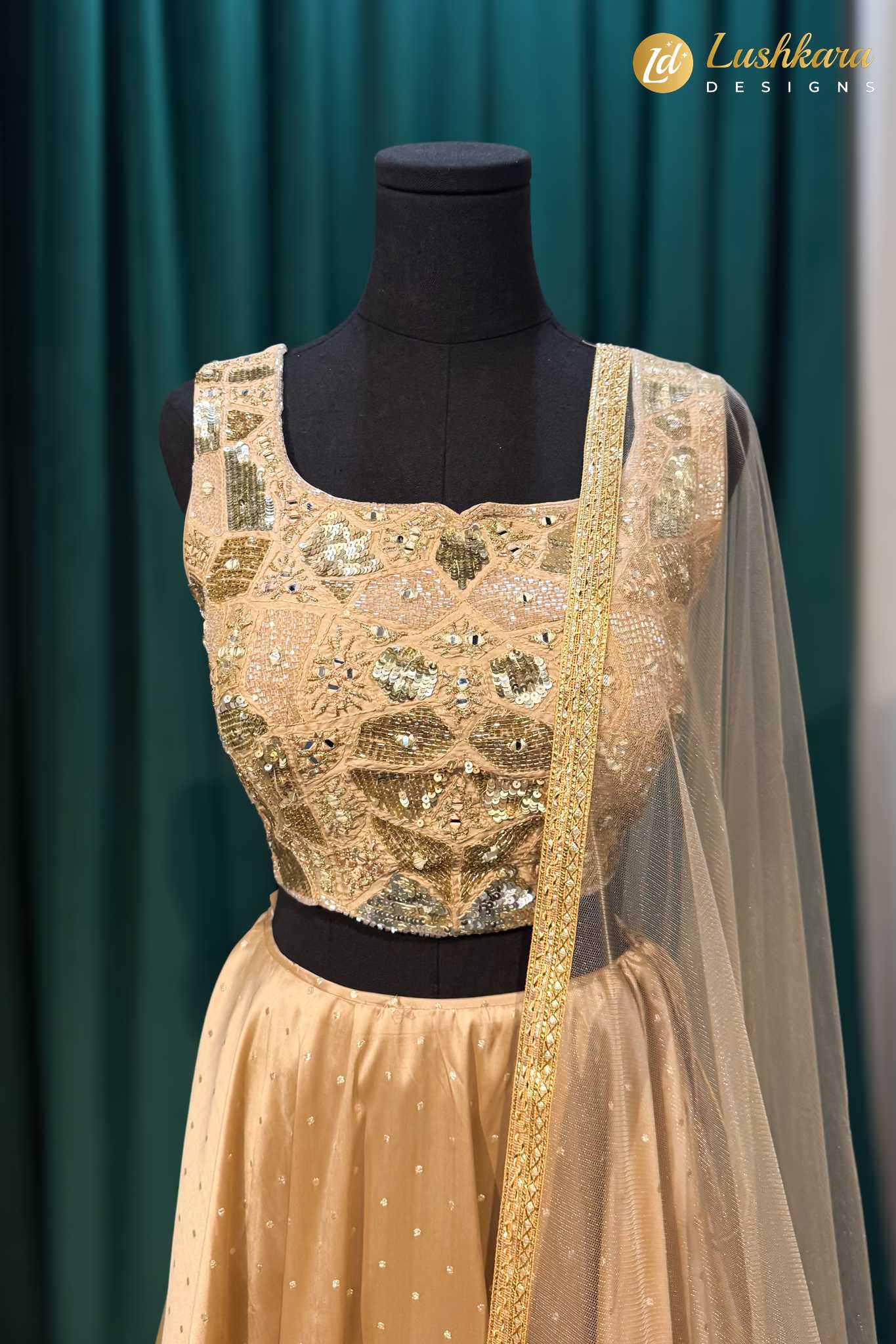 Lushkara Champagne Gold Embroidered Lehenga Set