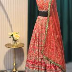 Lushkara Coral Red Embroidered Lehenga Set