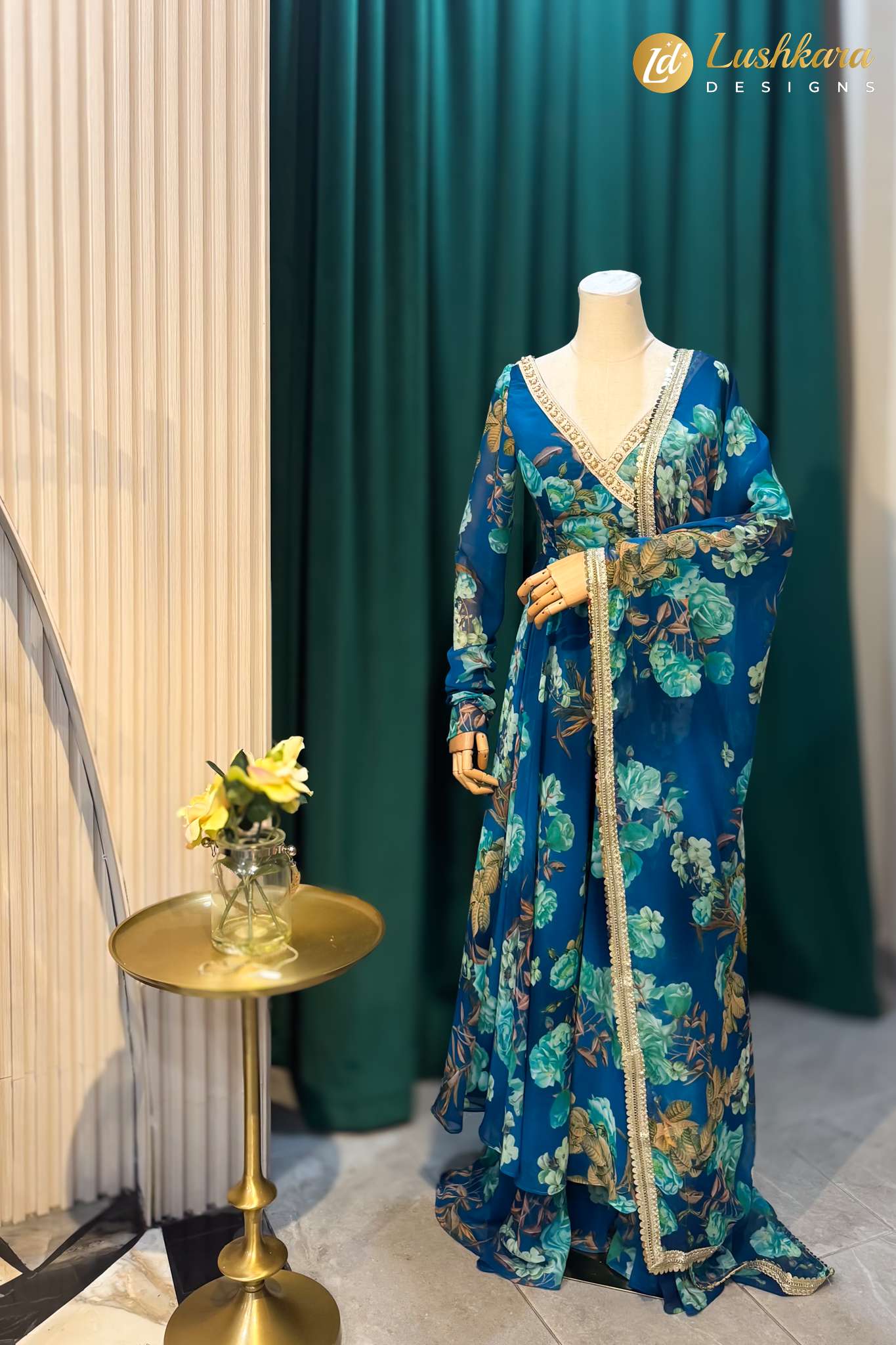 Lushkara Teal Blue Floral Printed Anarkali Set