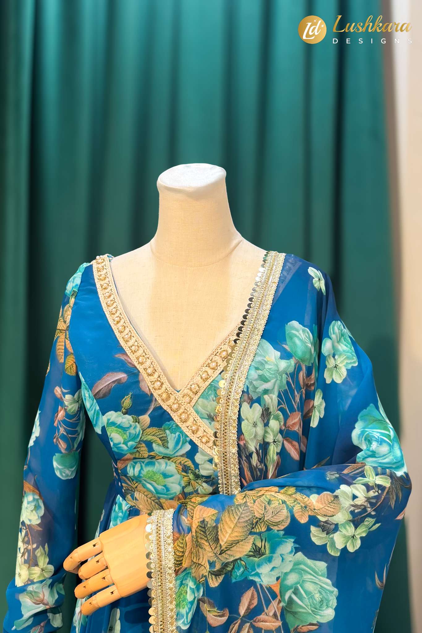 Lushkara Teal Blue Floral Printed Anarkali Set