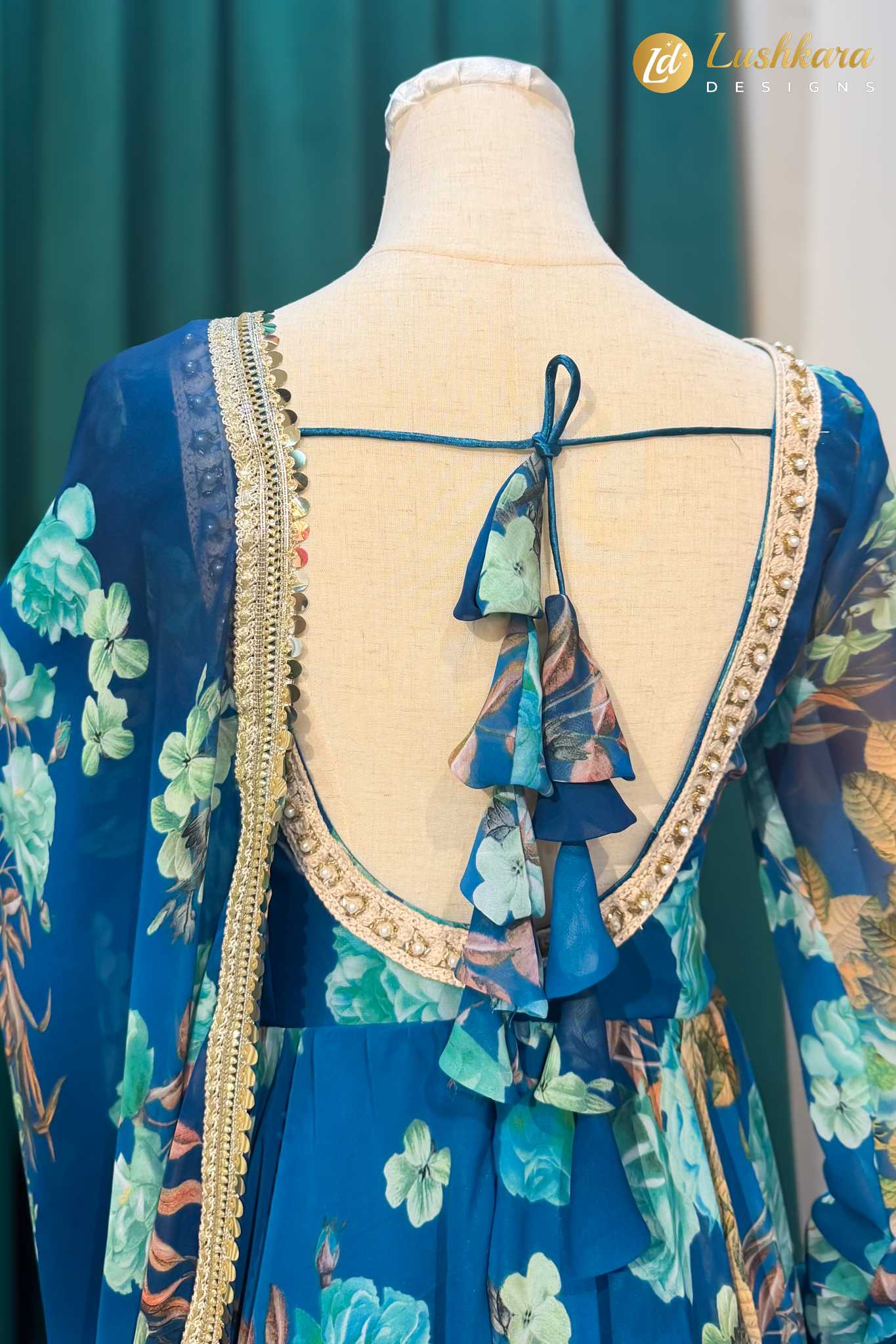 Lushkara Teal Blue Floral Printed Anarkali Set