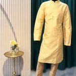 Lushkara Mens Soft Yellow Textured Silk Kurta