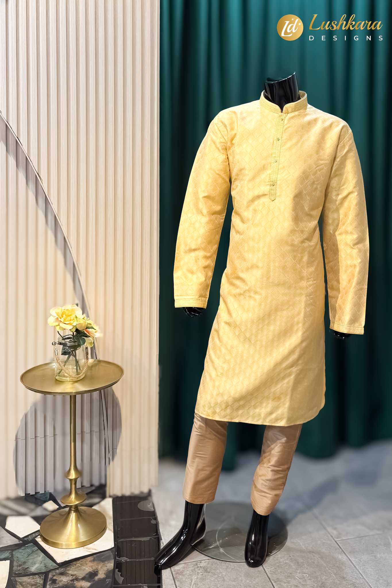 Lushkara Mens Soft Yellow Textured Silk Kurta