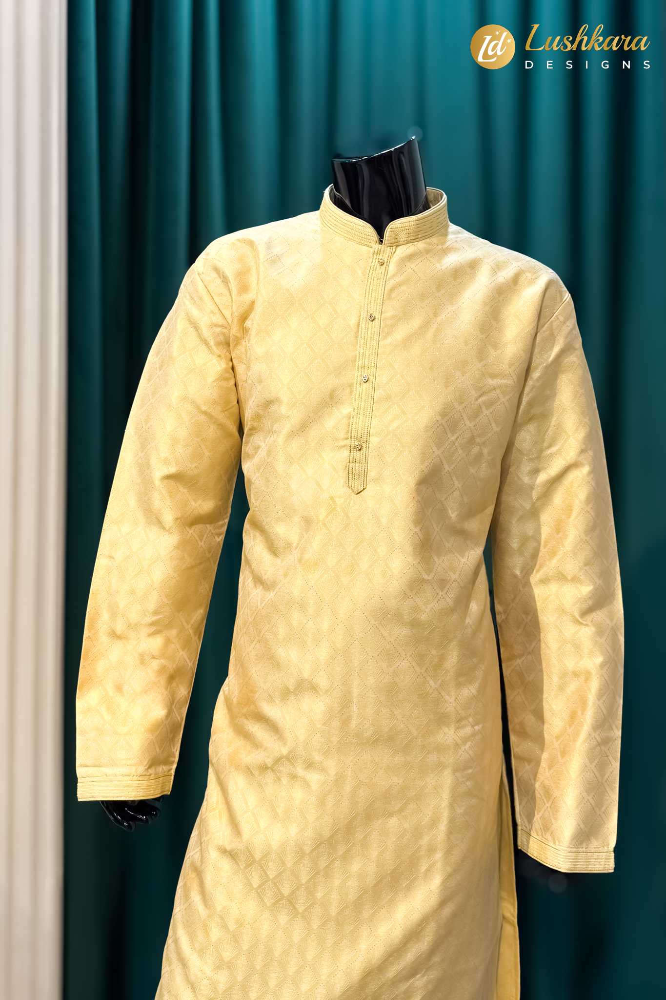 Lushkara Mens Soft Yellow Textured Silk Kurta
