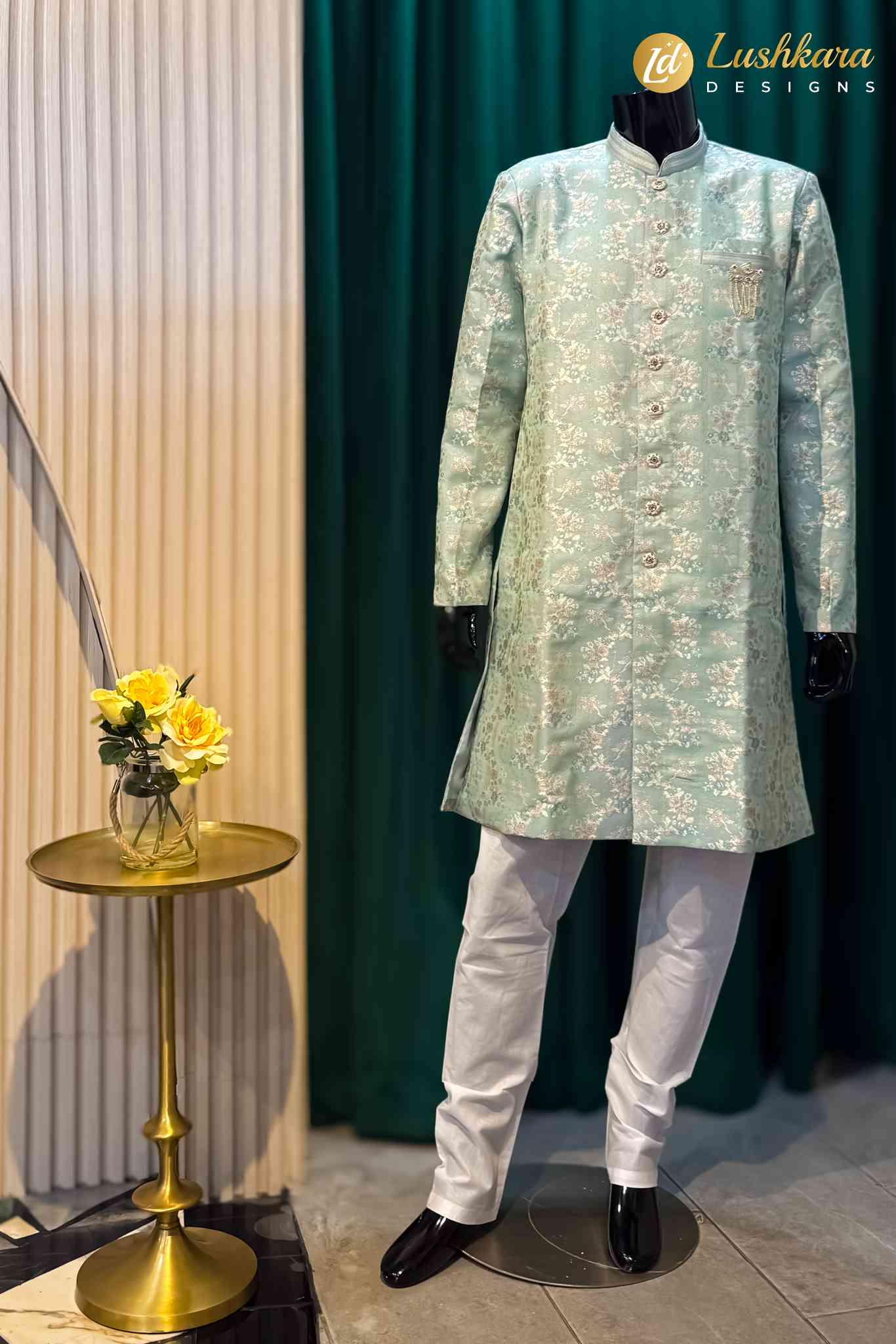 Lushkara Mint Green Floral Brocade Sherwani