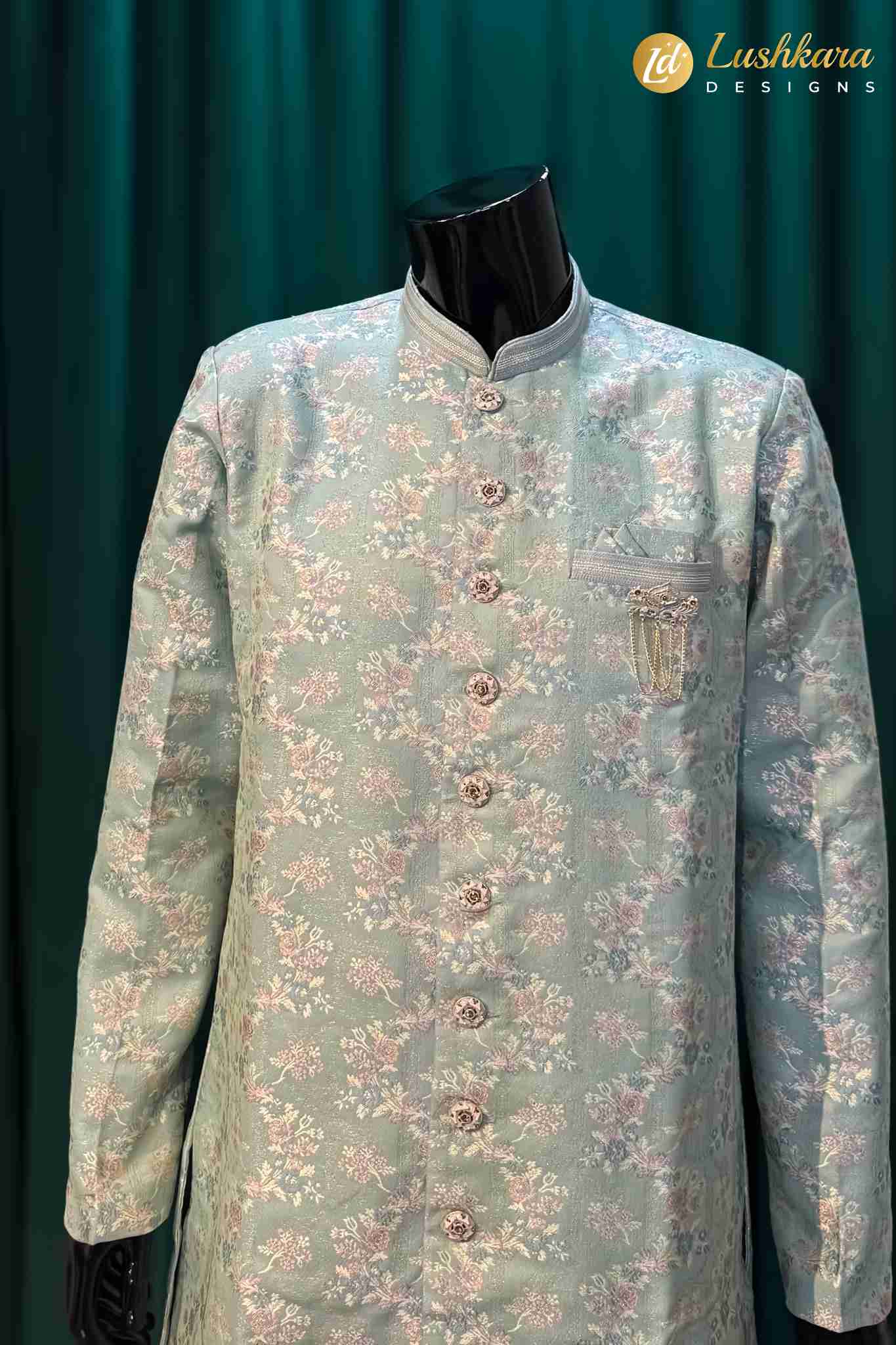 Lushkara Mint Green Floral Brocade Sherwani