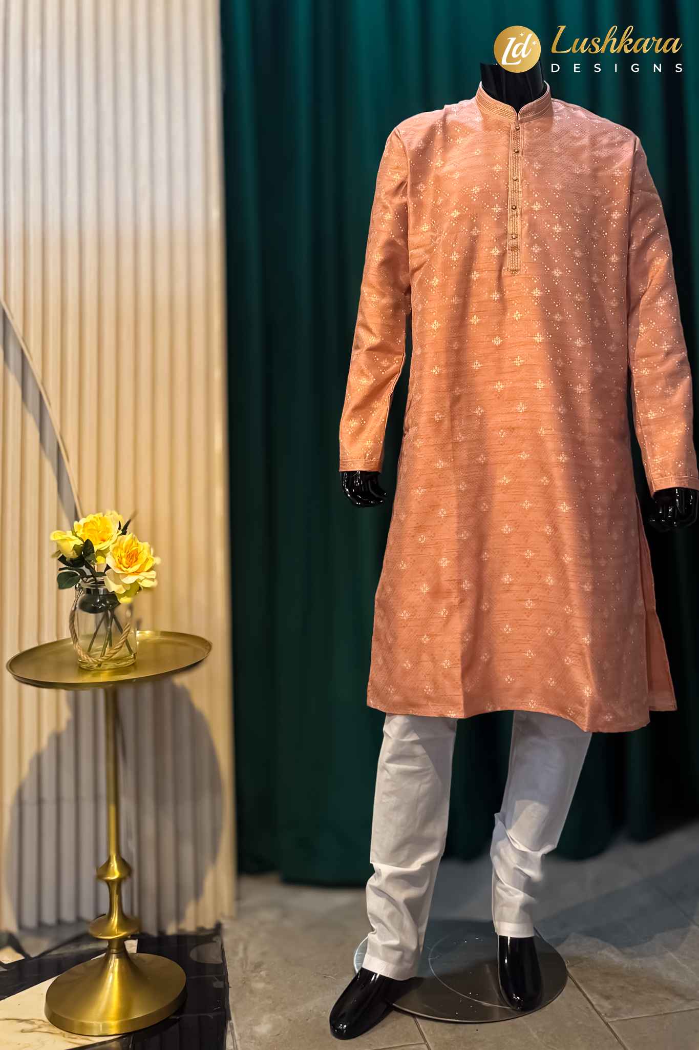 Lushkara Peach Embroidered Silk Kurta for Men