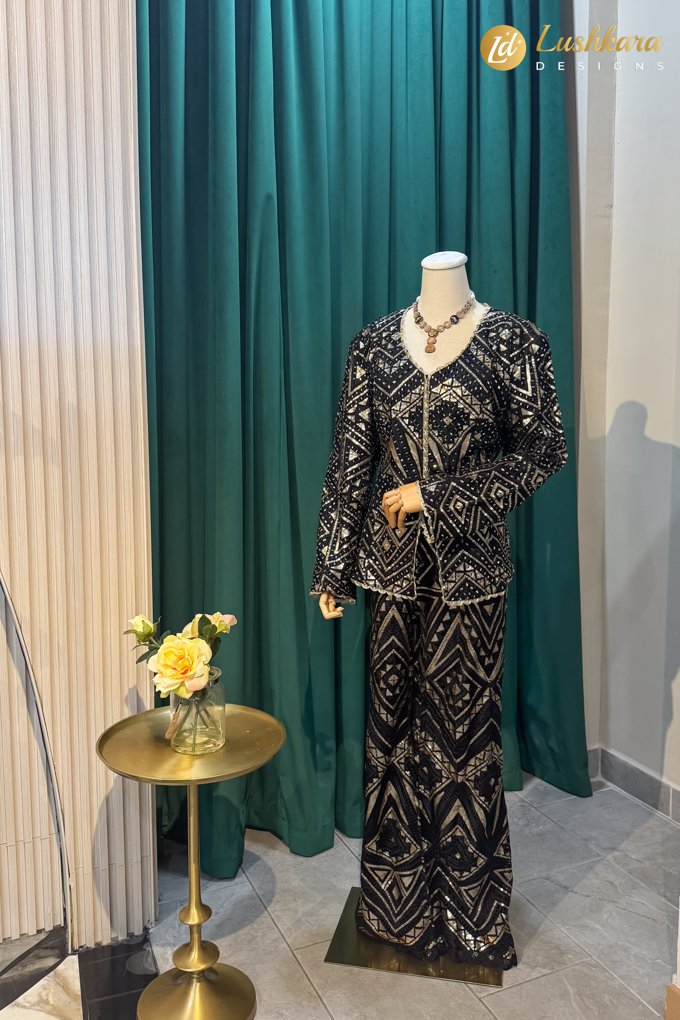 Black Embroidered Fusion Wear Set with Belly Flared Pants