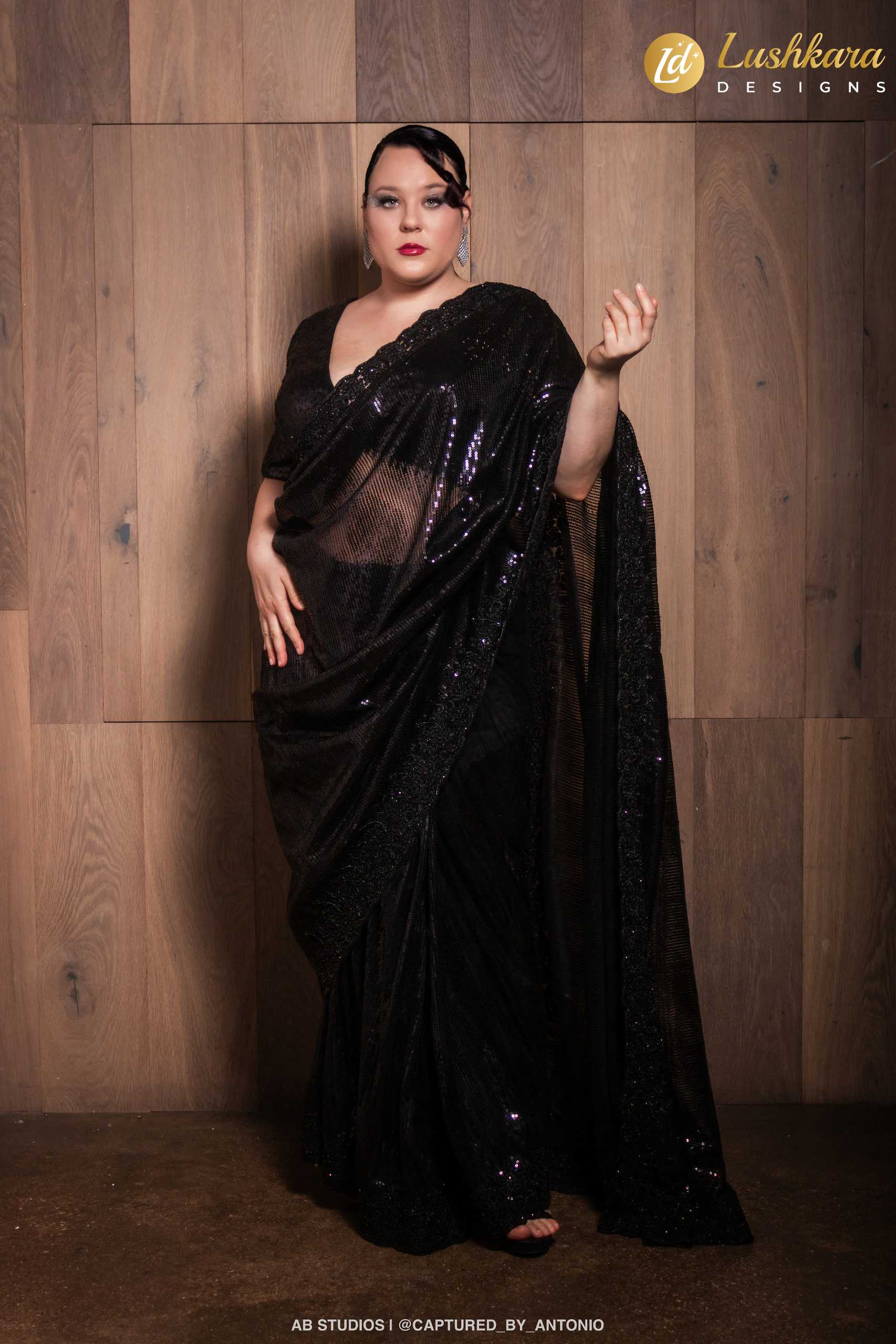 Lushkara Black Sequin Saree with Sheer Drape