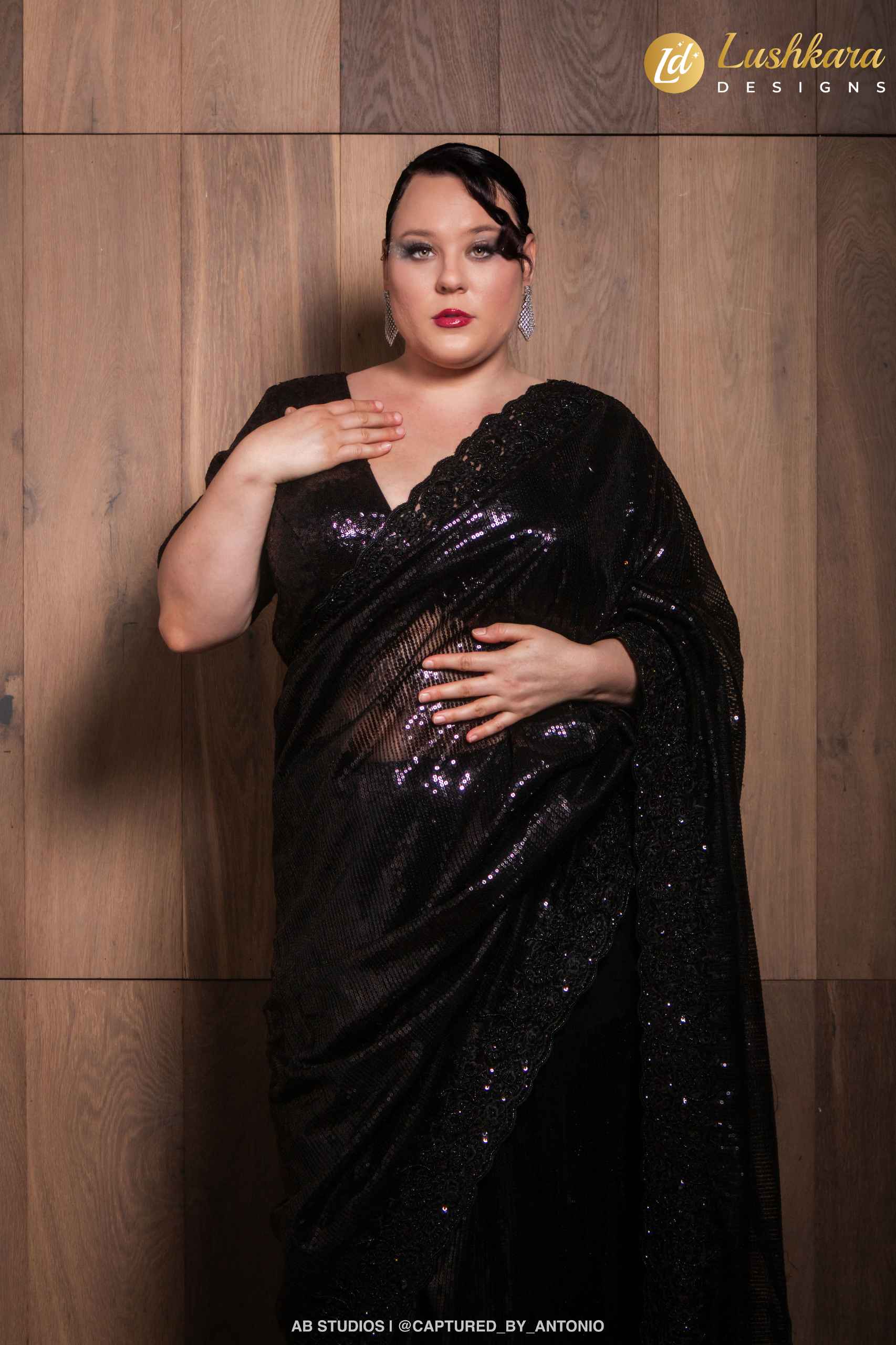 Lushkara Black Sequin Saree with Sheer Drape