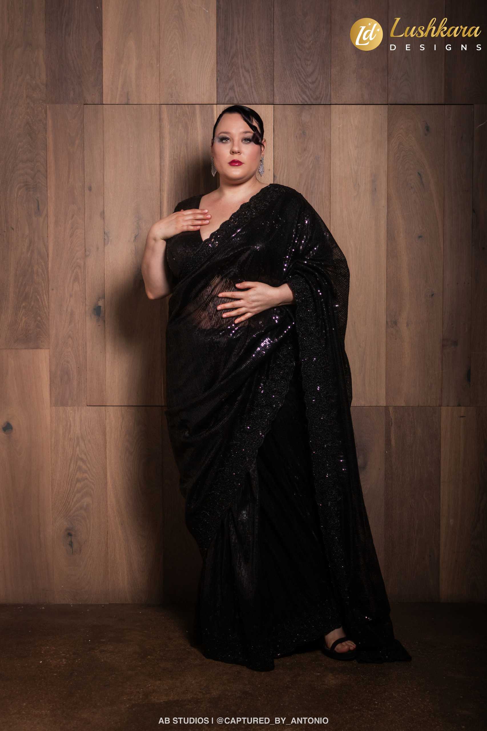 Lushkara Black Sequin Saree with Sheer Drape