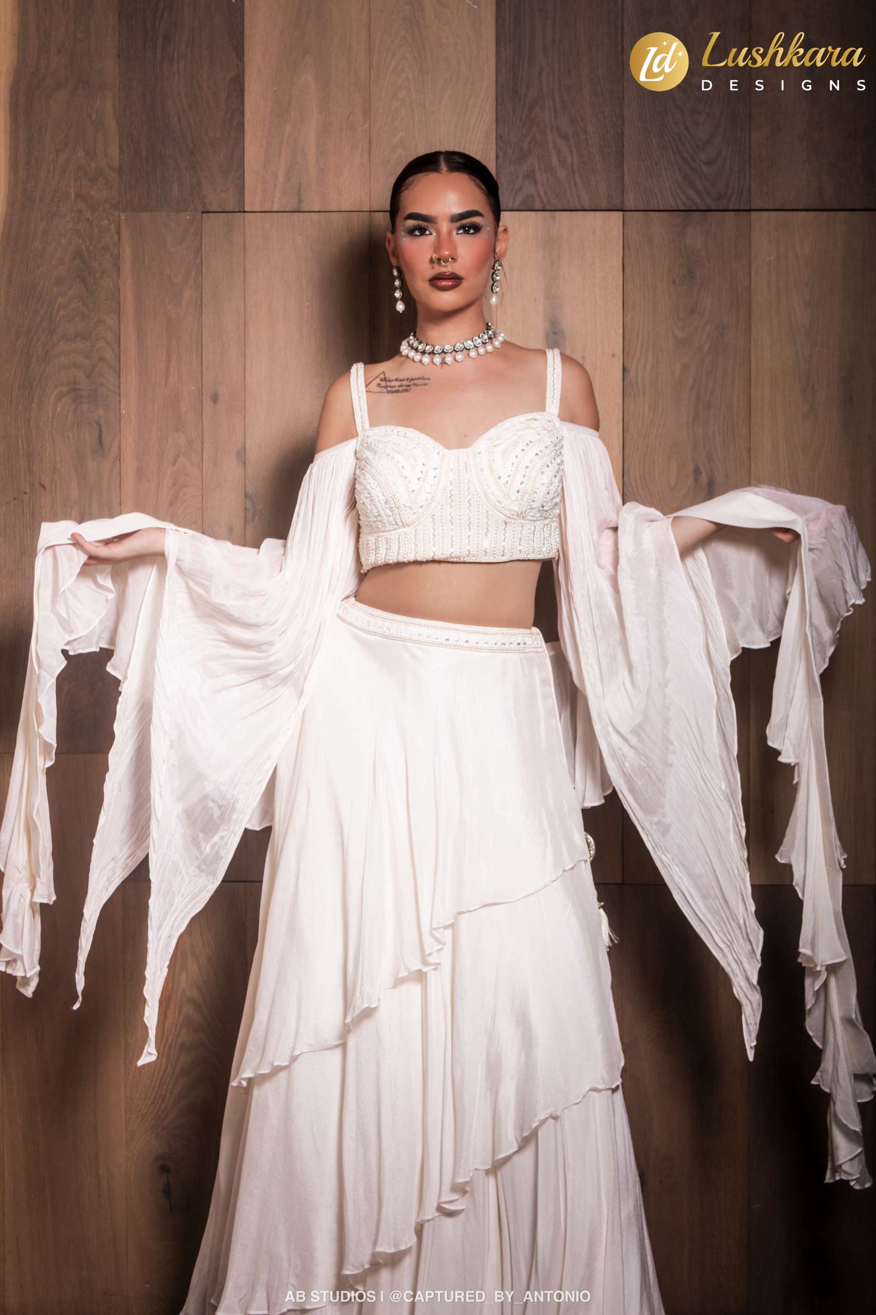 Lushkara Ivory Pearl Embellished Lehenga Set