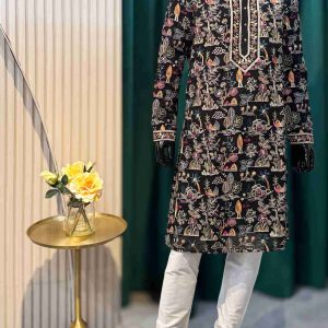 Lushkara Black Multicolor Embroidered Mens Kurta Set
