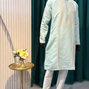 Lushkara Mint Green Embroidered Mens Kurta Set