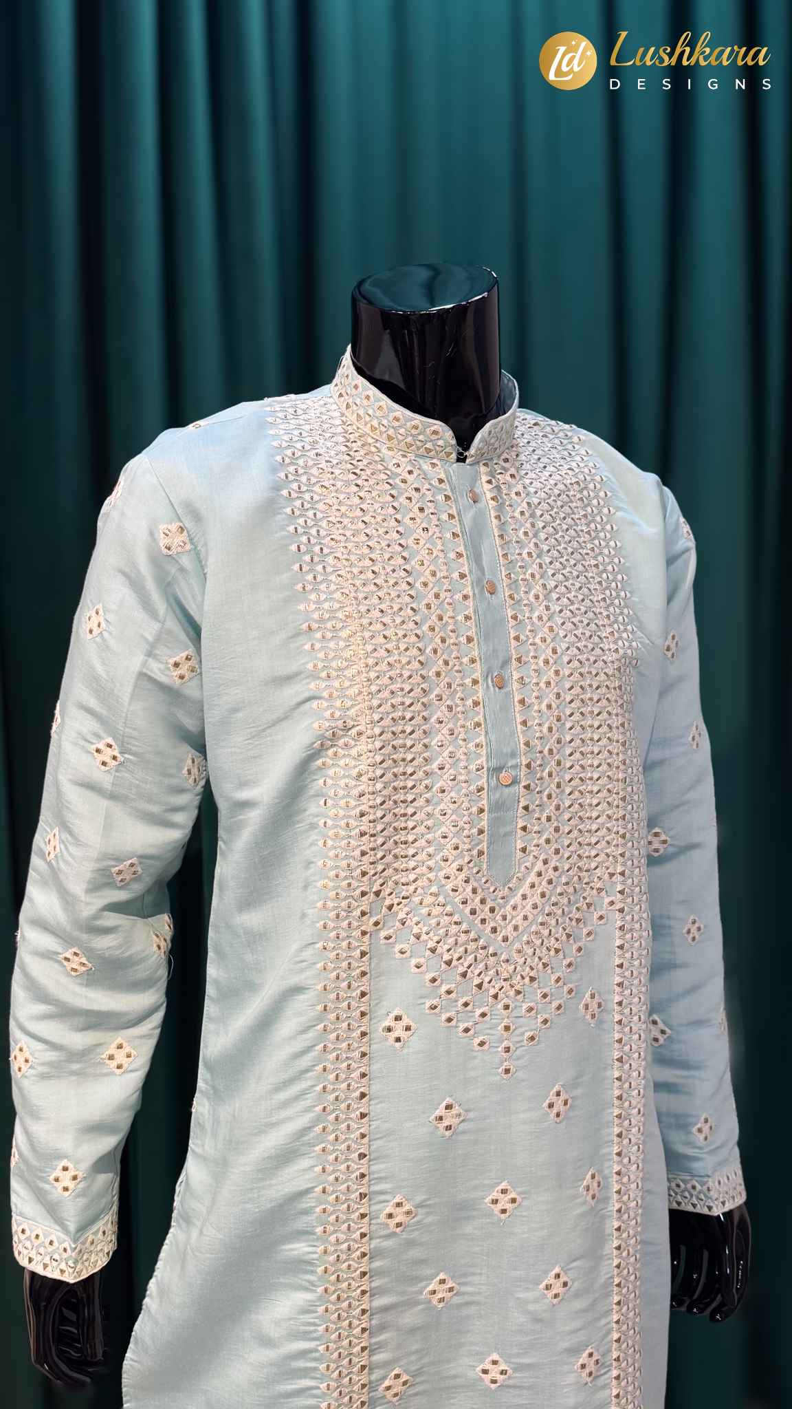 Lushkara Mint Green Embroidered Mens Kurta Set