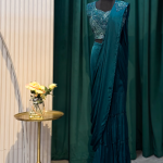 Teal Embroidered Pre-Draped Saree Set