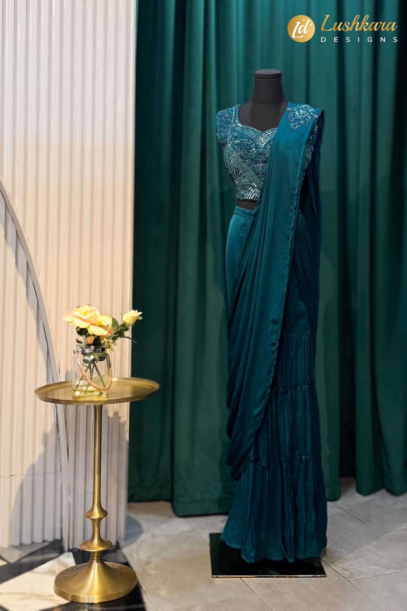 Teal Embroidered Pre-Draped Saree Set