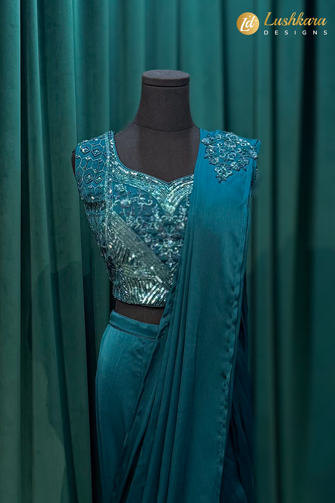 Teal Embroidered Pre-Draped Saree Set