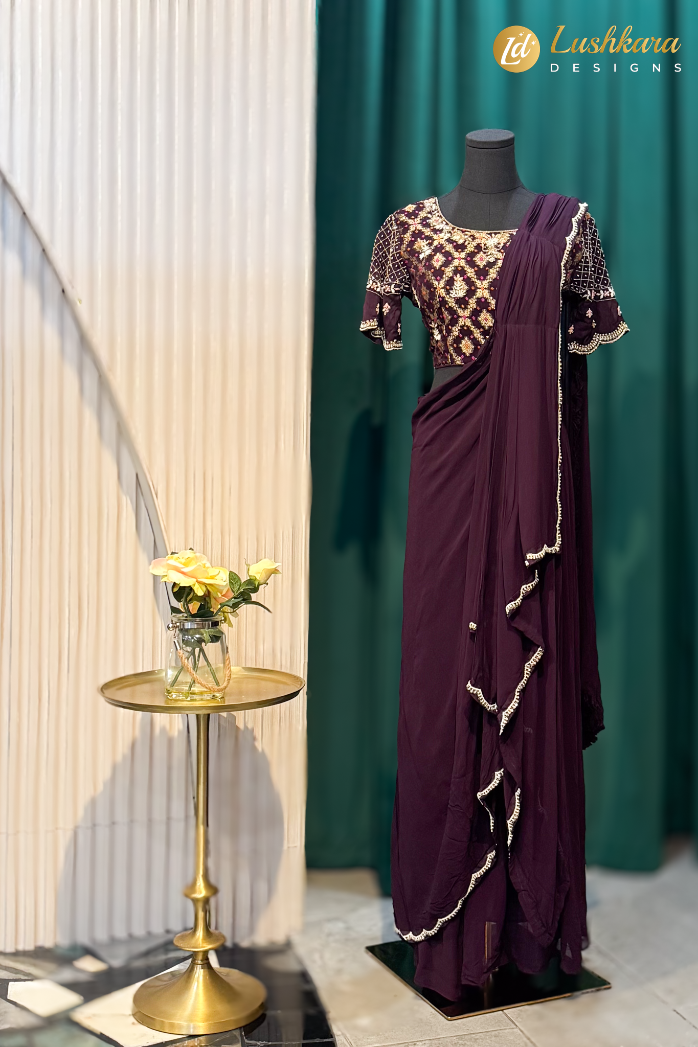 Lushkara Deep Wine Embroidered Pre-Draped Saree