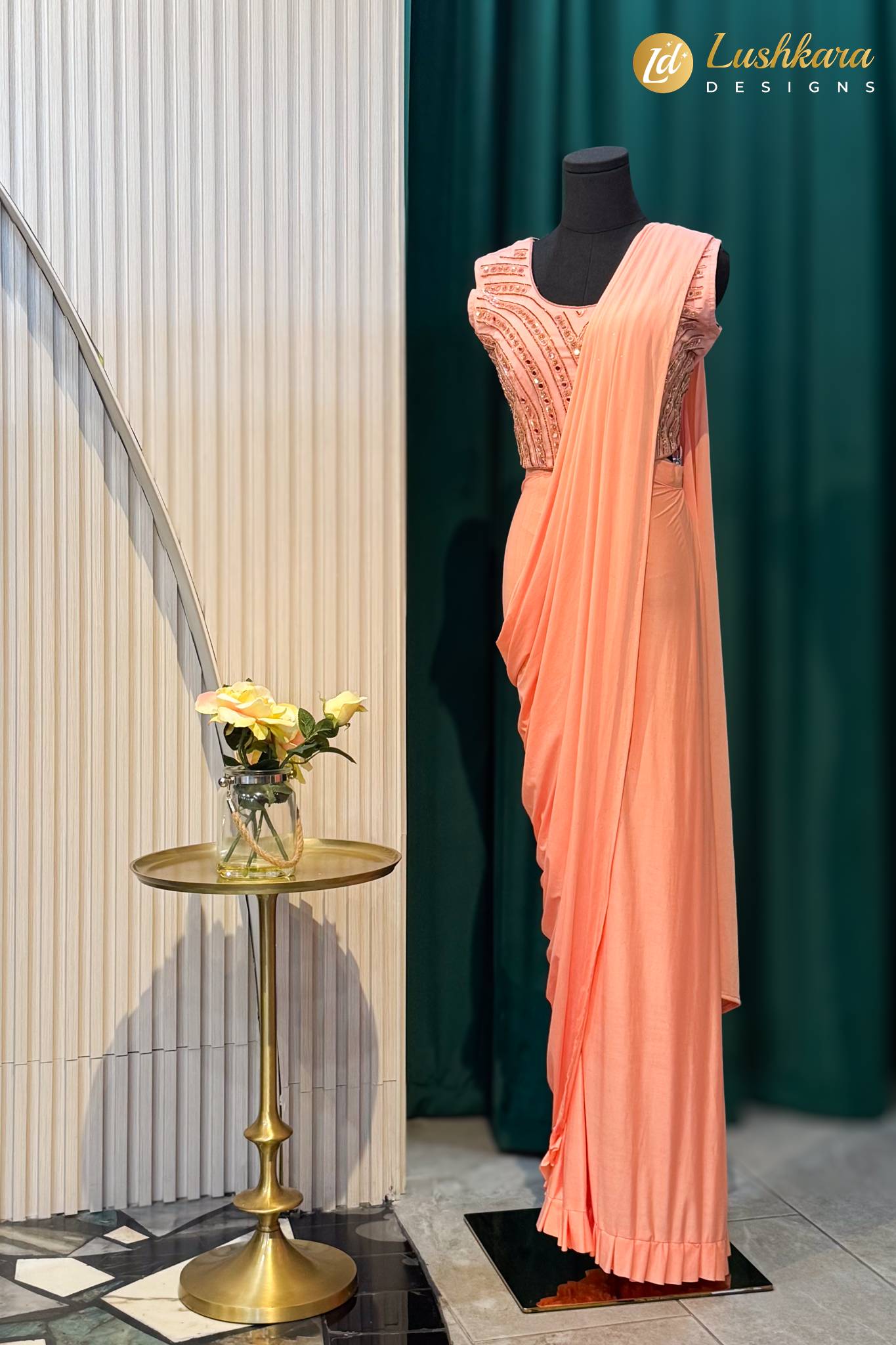 Lushkara Peach Embellished Georgette Saree with Designer Blouse