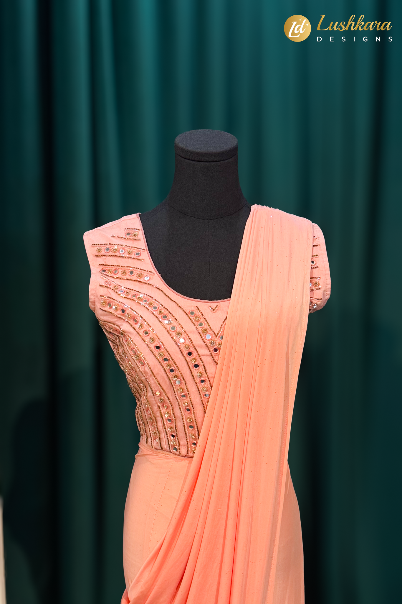 Lushkara Peach Embellished Georgette Saree with Designer Blouse