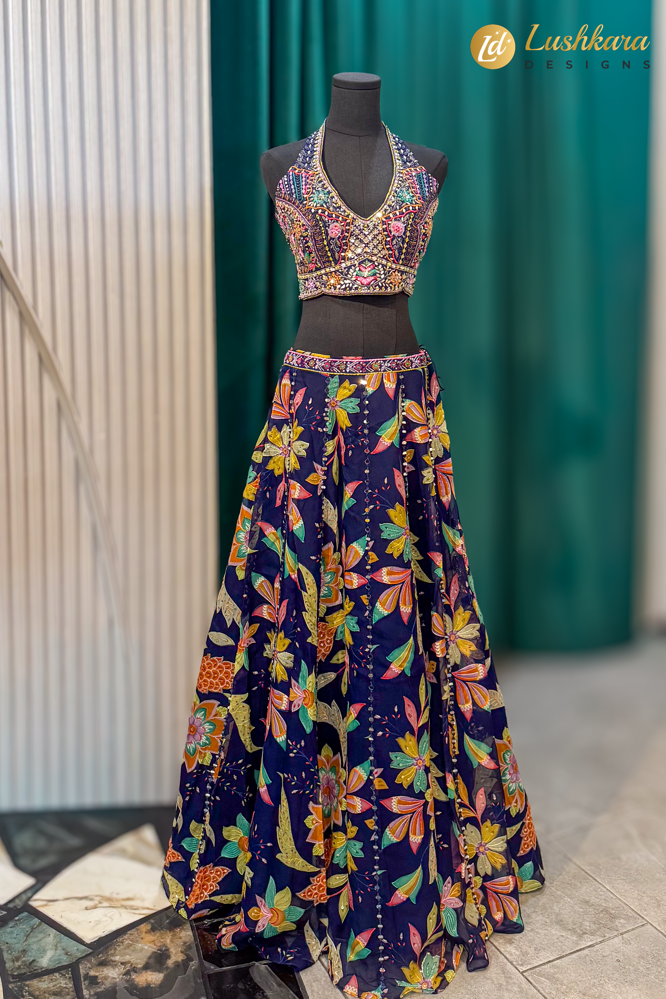 Navy Blue Floral Lehenga Set with Halter Neck Designer Blouse