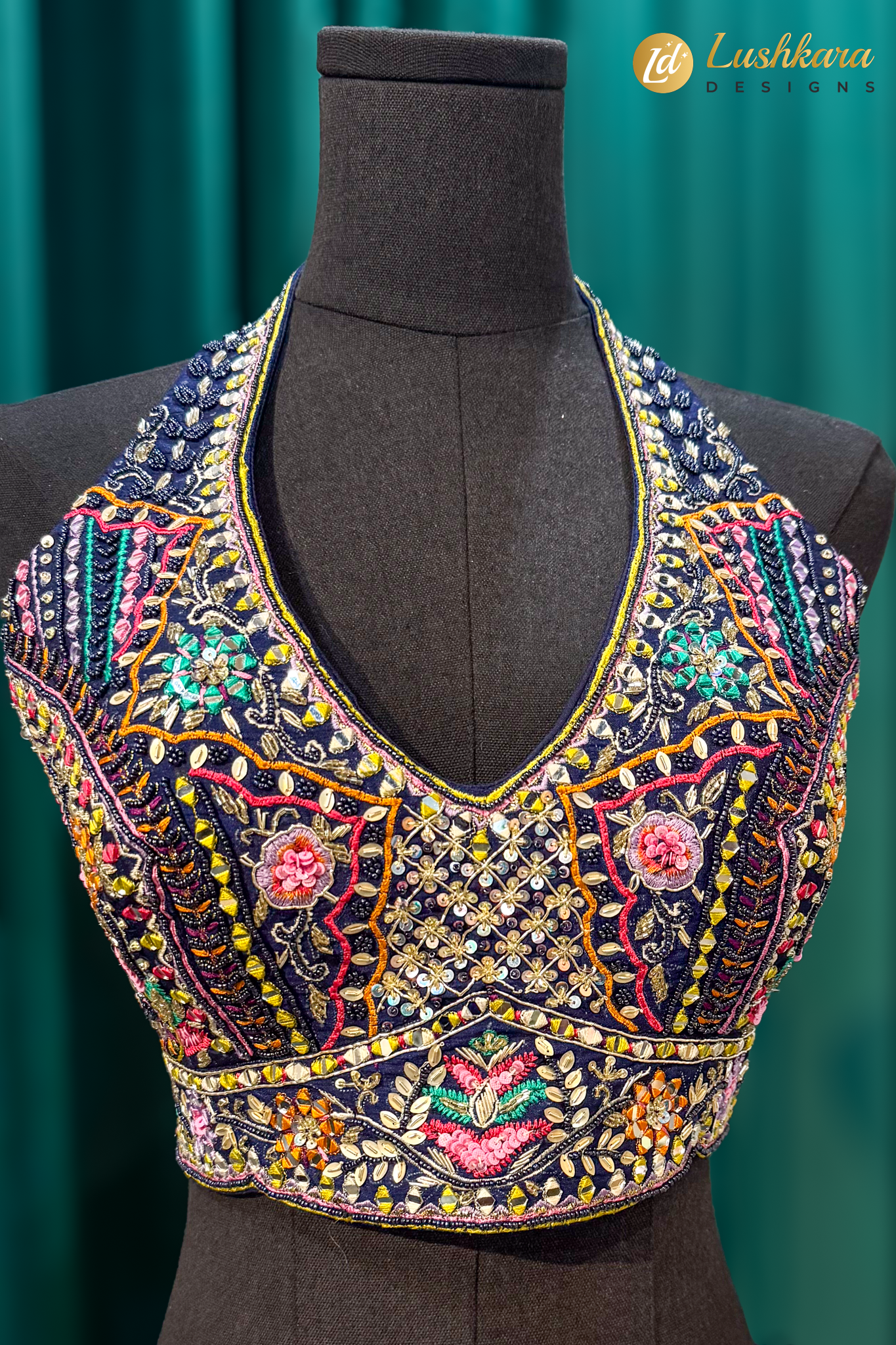 Navy Blue Floral Lehenga Set with Halter Neck Designer Blouse