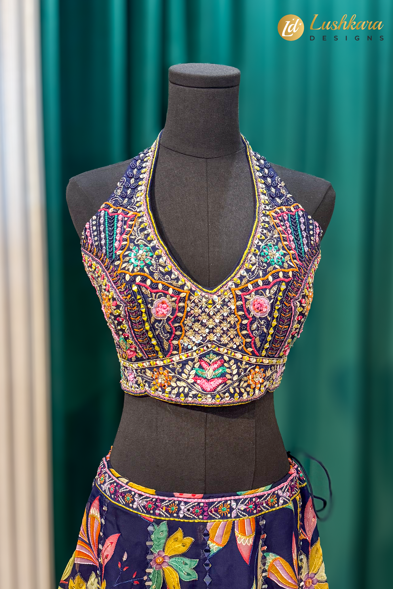 Navy Blue Floral Lehenga Set with Halter Neck Designer Blouse