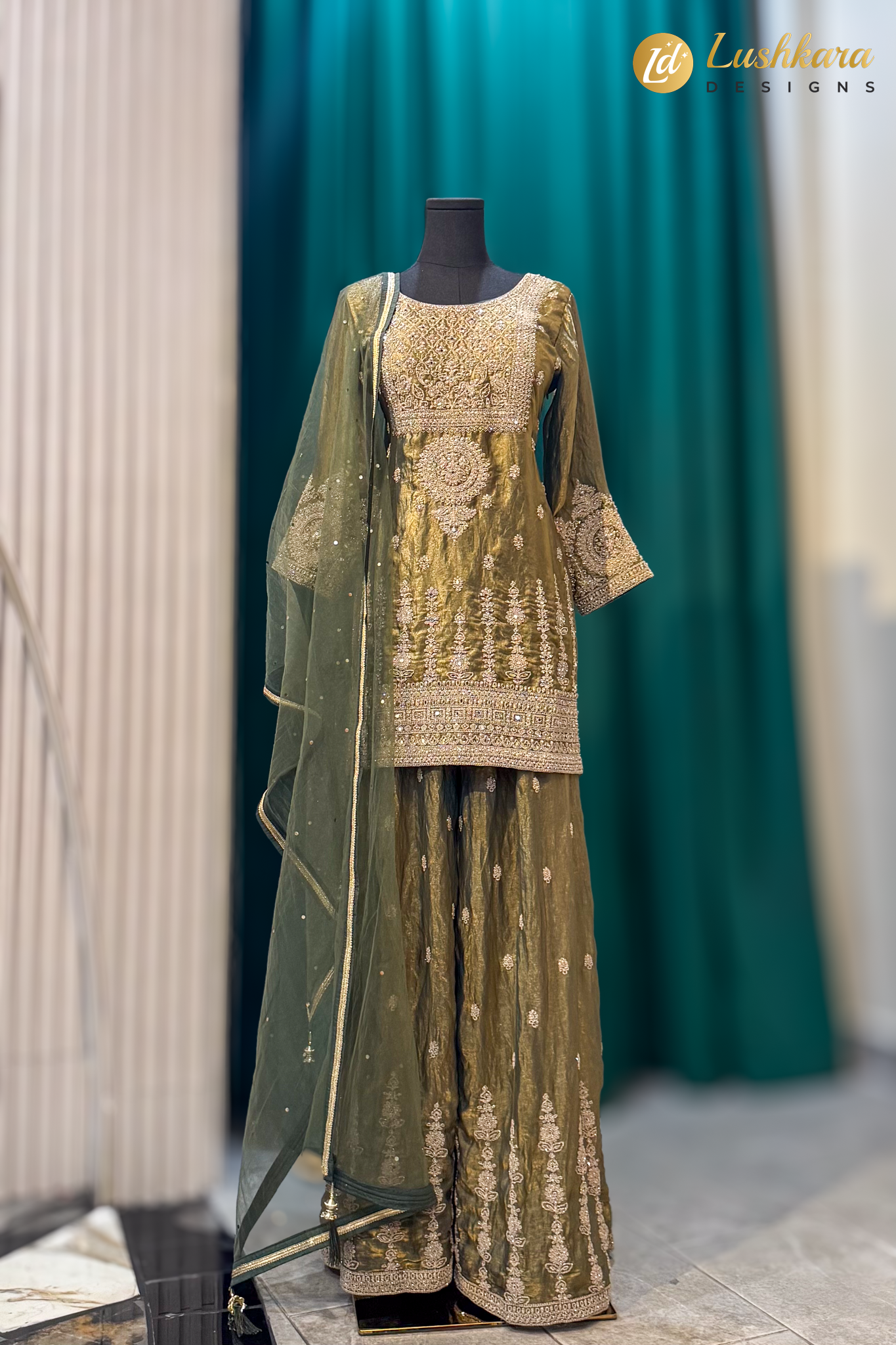 Olive Green Heavy Embroidered Sharara Set