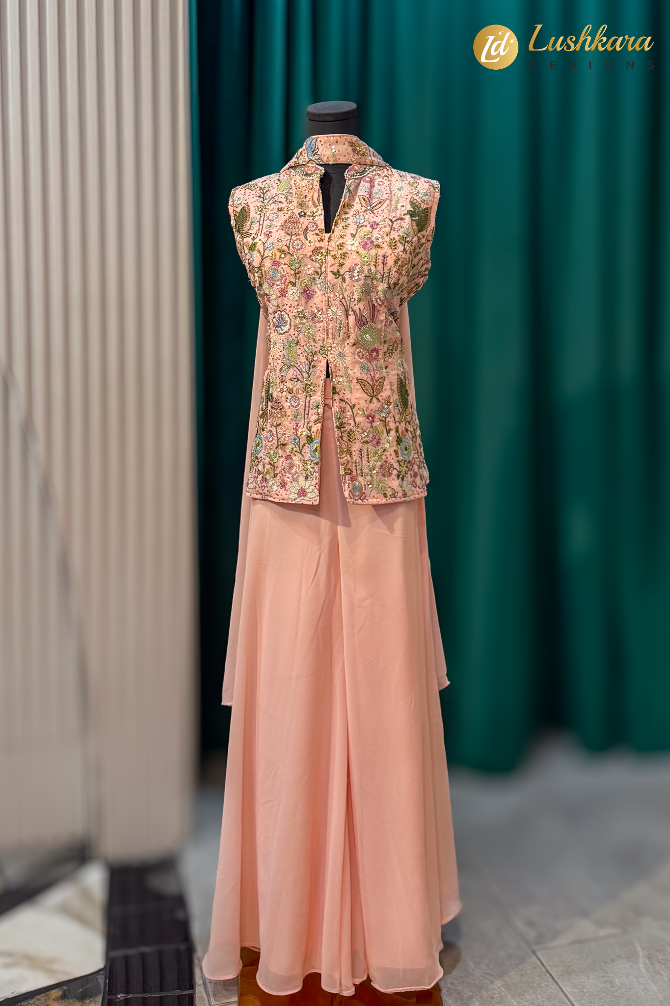 Peach Floral Embroidered Jacket Style Sharara Set