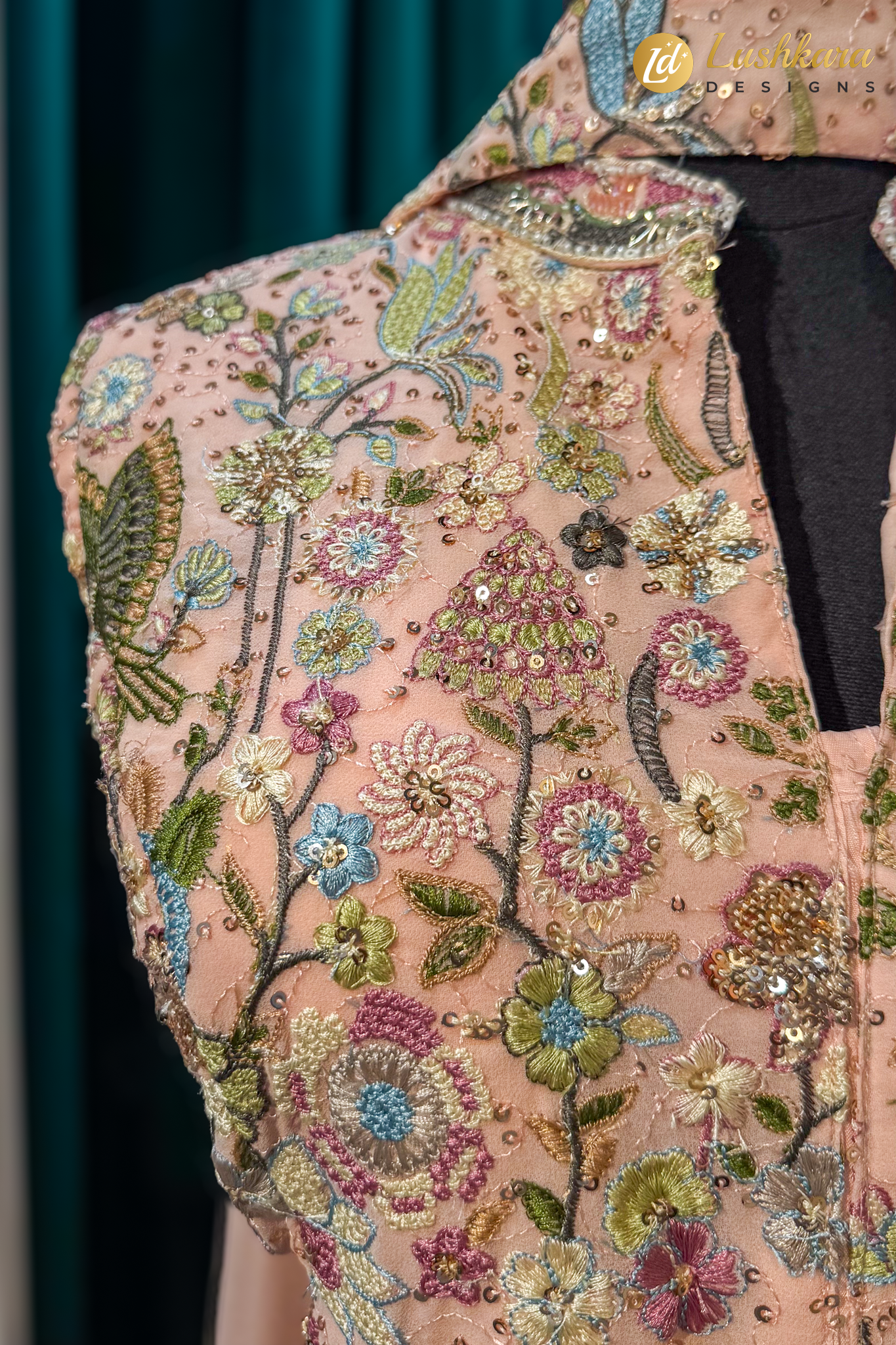 Peach Floral Embroidered Jacket Style Sharara Set - Image 3