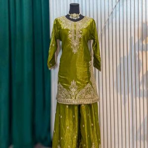 Olive Green Embroidered Sharara Set