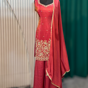 Rust Red Embroidered Straight Kurta Palazzo Set with Dupatta