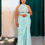 Mint Green Embellished Ready-to-Wear Saree with Halter Blouse