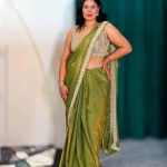 Olive Green Shimmer Saree with Embellished Blouse
