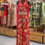 Red Floral Embroidered Halter Jumpsuit for Women