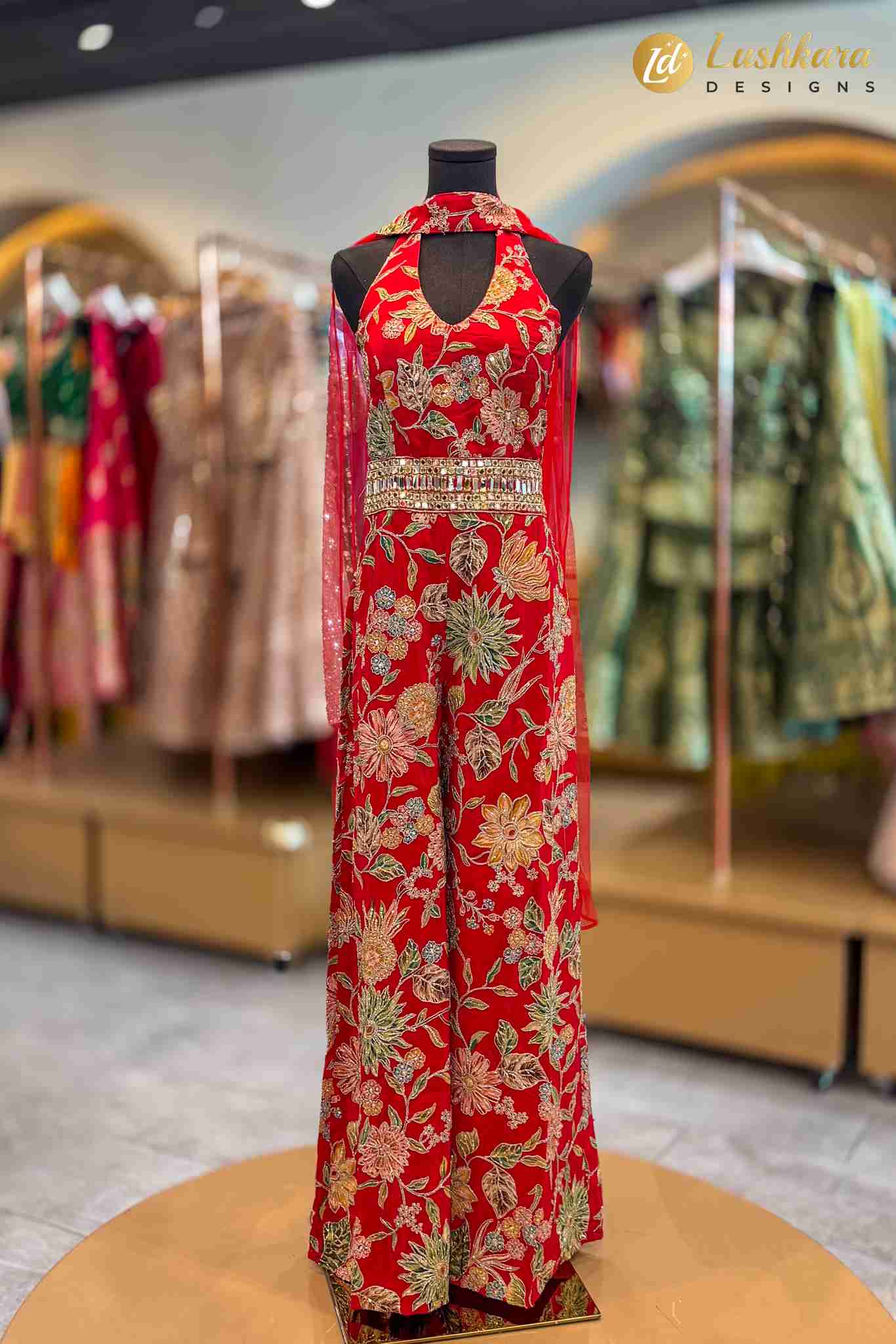 Red Floral Embroidered Halter Jumpsuit for Women