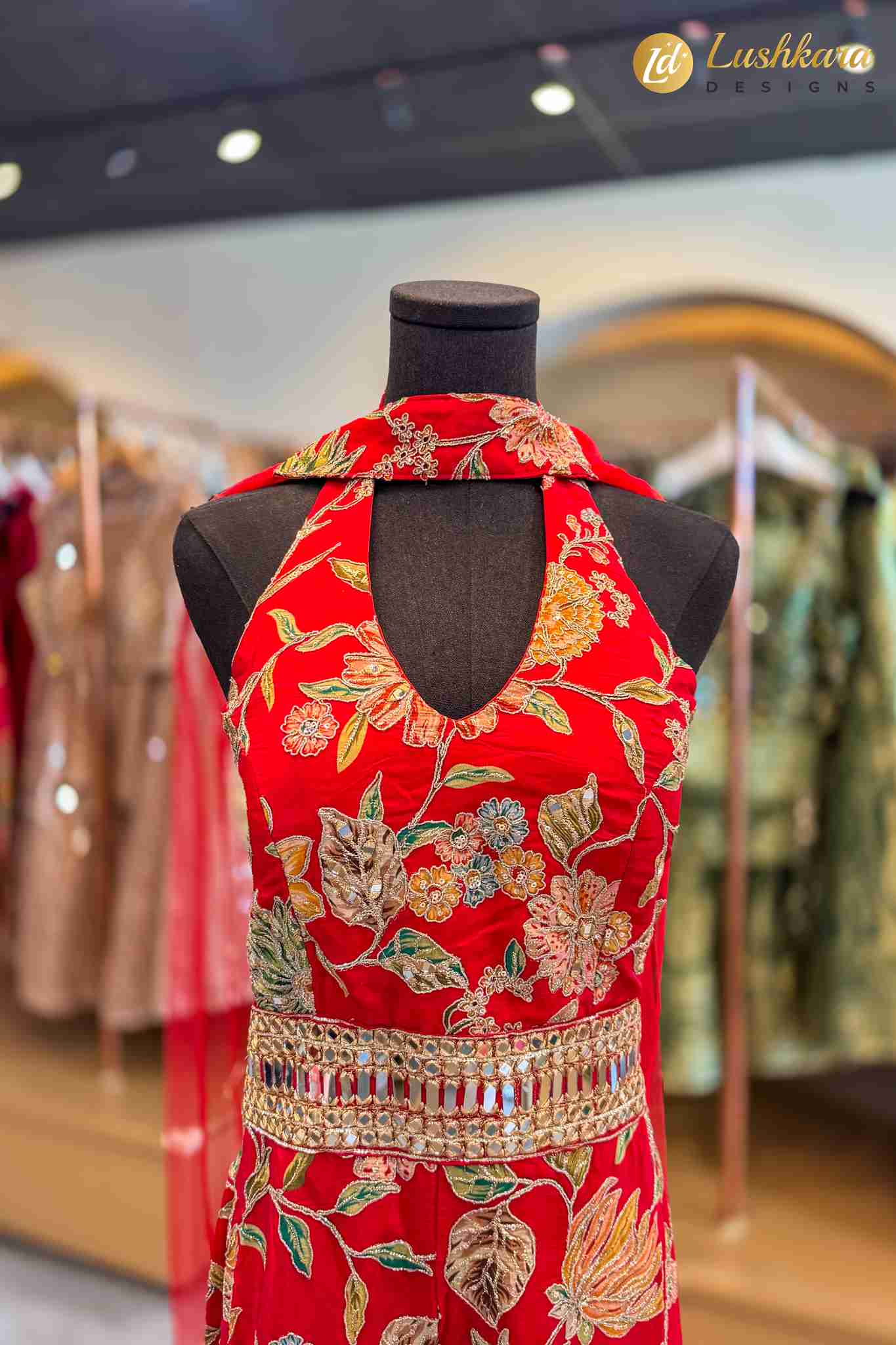 Red Floral Embroidered Halter Jumpsuit for Women - Image 2