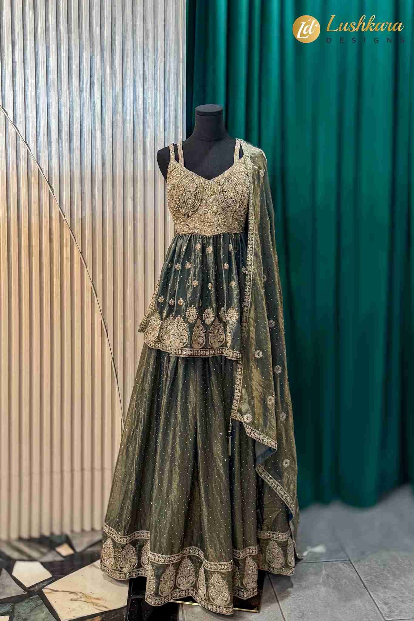 Olive Green Embroidered Sharara Set with Dupatta