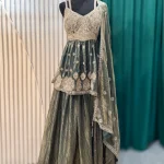Olive Green Shimmer Lehenga Set with Gold Embellished Blouse