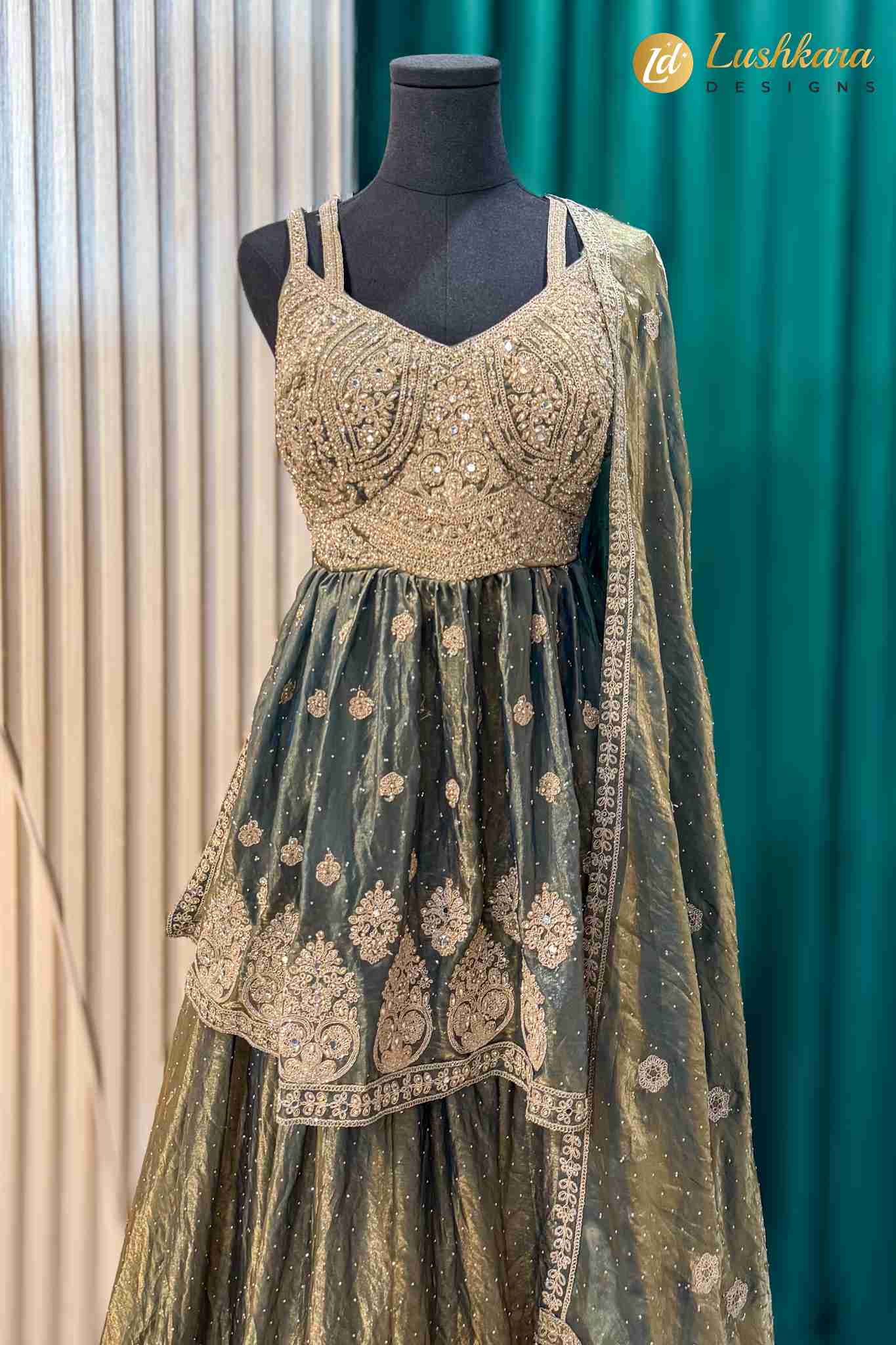 Olive Green Embroidered Sharara Set with Dupatta - Image 2