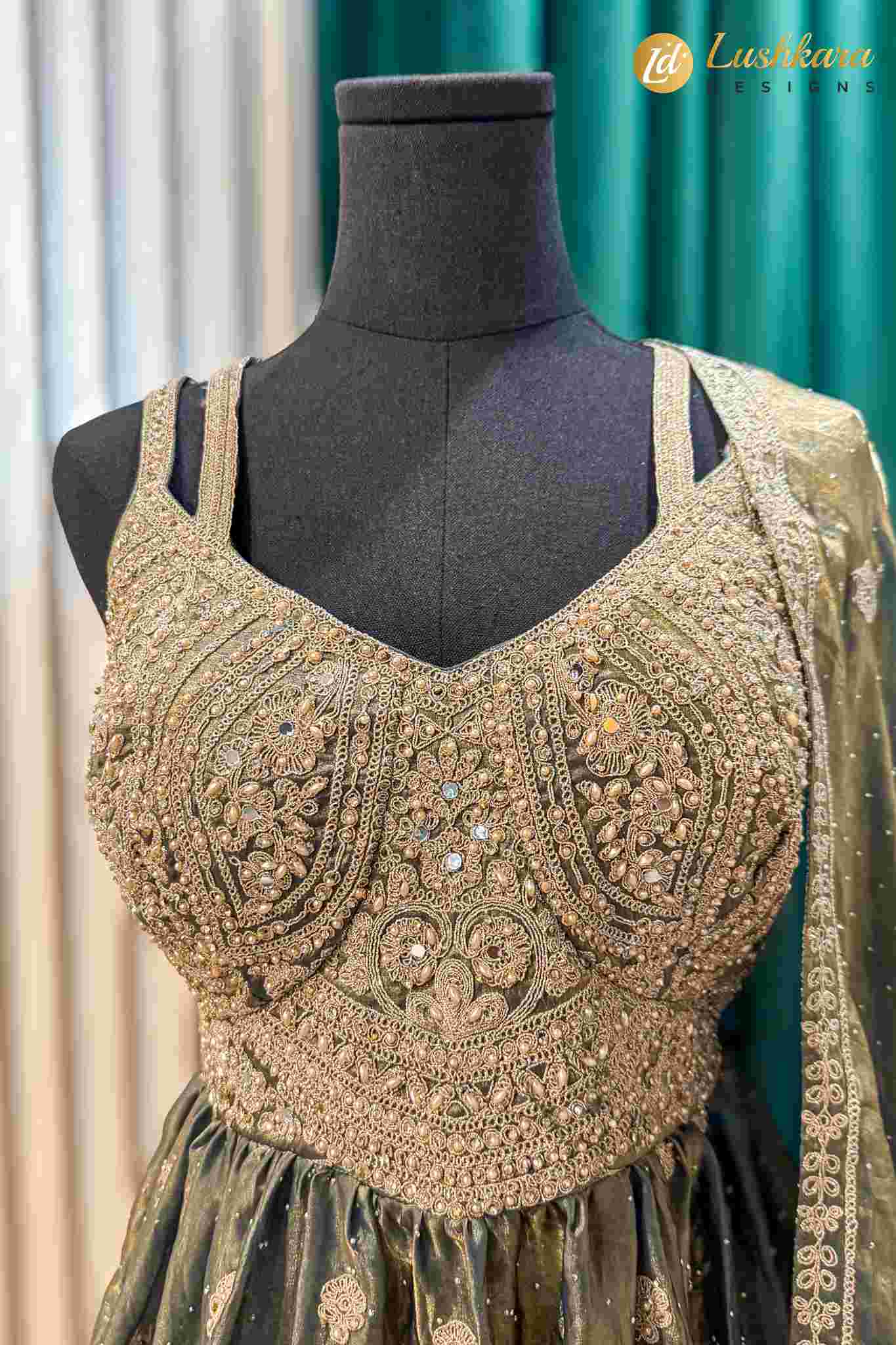 Olive Green Embroidered Sharara Set with Dupatta - Image 3