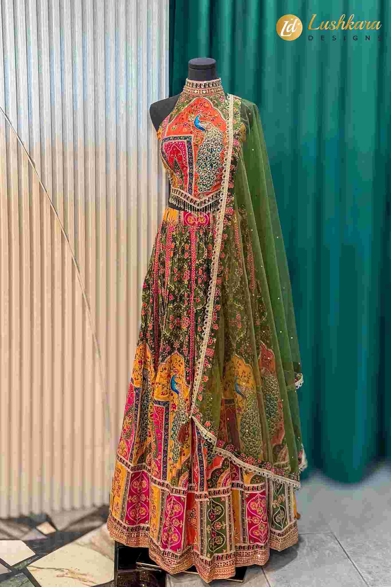 Multicolor Peacock Printed Lehenga Set with Dupatta