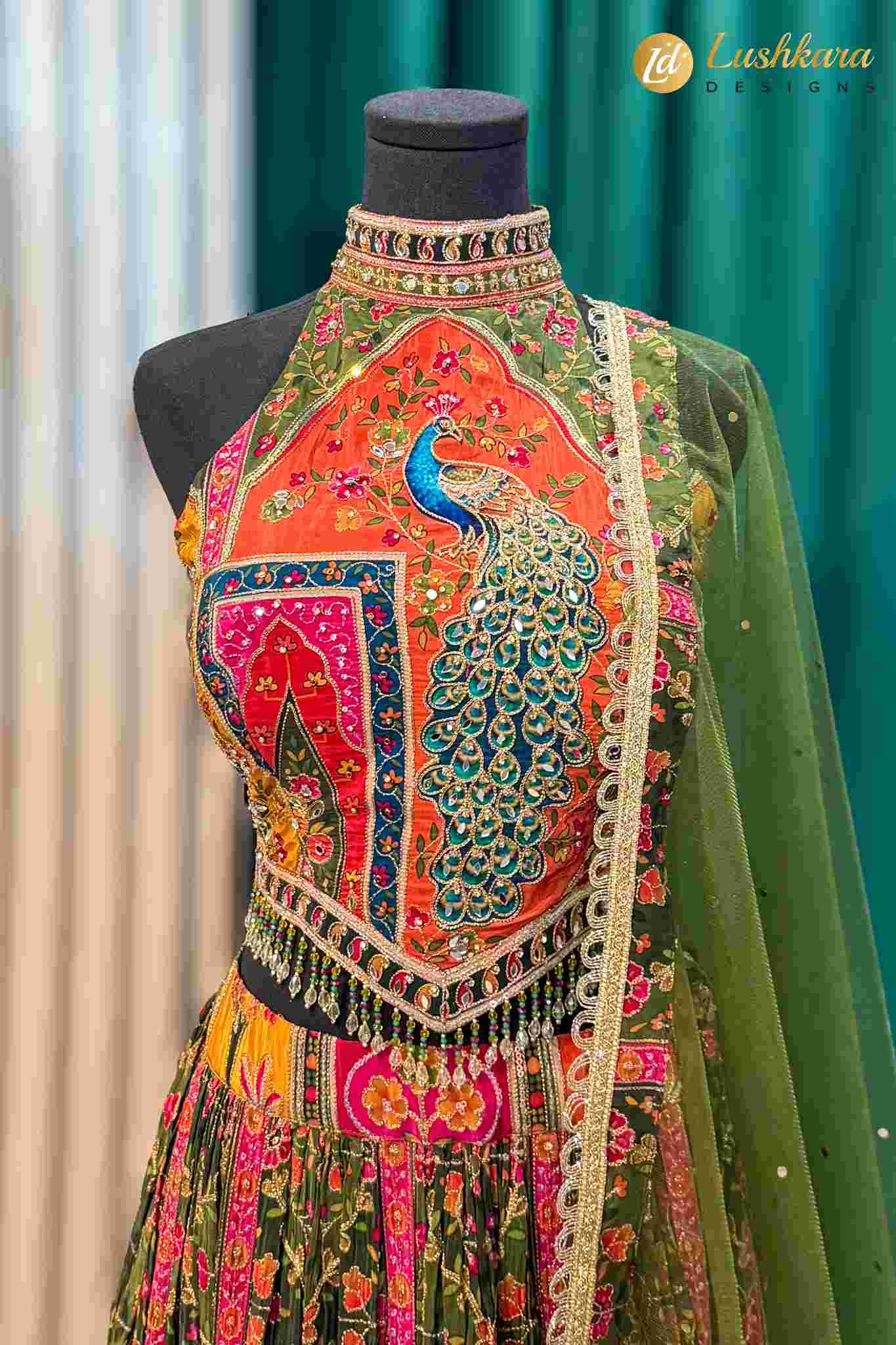 Multicolor Peacock Printed Lehenga Set with Dupatta - Image 3